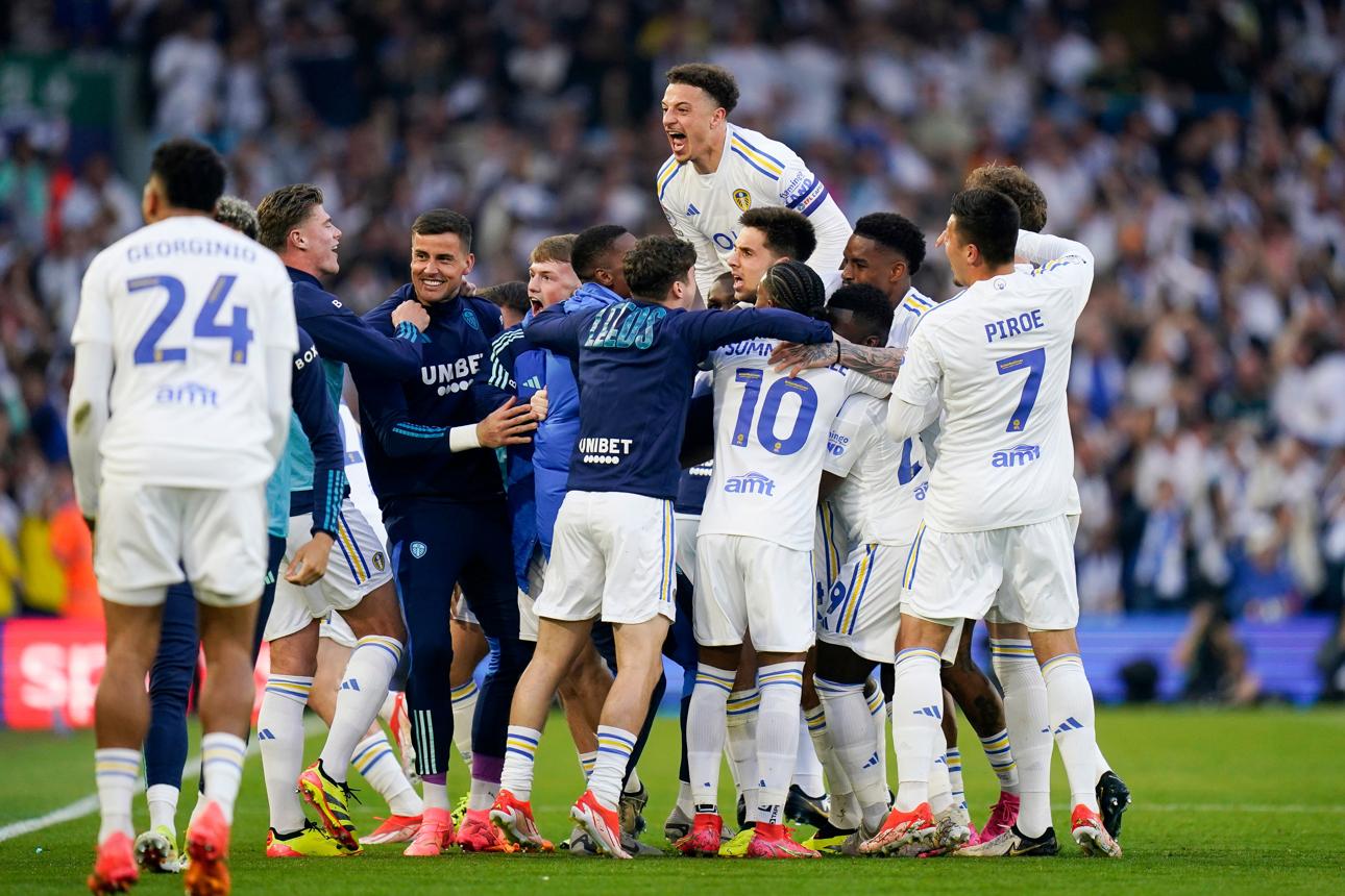 Leeds United players celebrate the 4–0 play-off semi-final win over Norwich in May 2024
