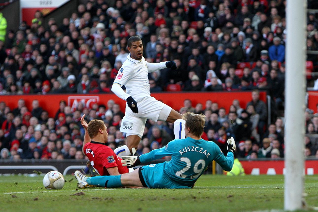 Jermaine Beckford scores against Manchester United at Old Trafford in the 2010 FA Cup third round