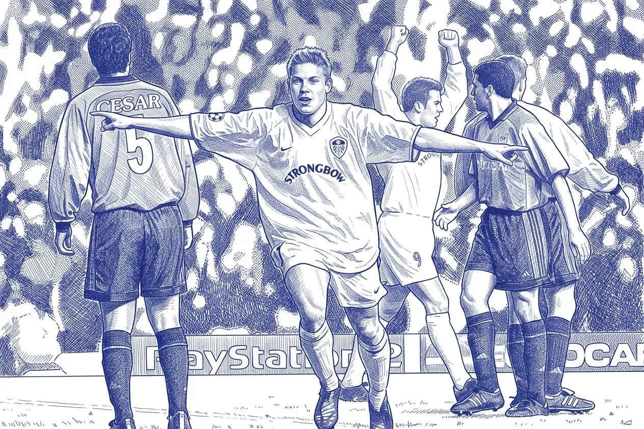 Ian Harte celebrates during Leeds United’s 3–0 Champions League quarter-final first-leg victory over Deportivo La Coruña at Elland Road
