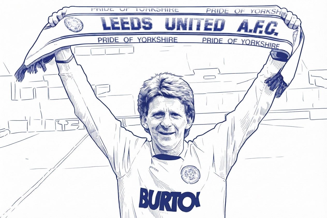 Gordon Strachan holding a Leeds United scarf