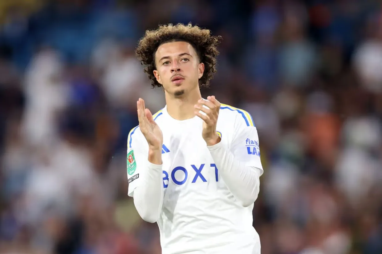 Ethan Ampadu applauds supporters in Leeds United colours after joining from Chelsea in 2023