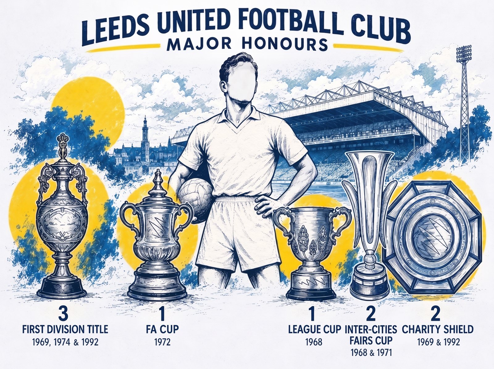 Illustration of Leeds United trophies, including league titles, the FA Cup, League Cup and Fairs Cups