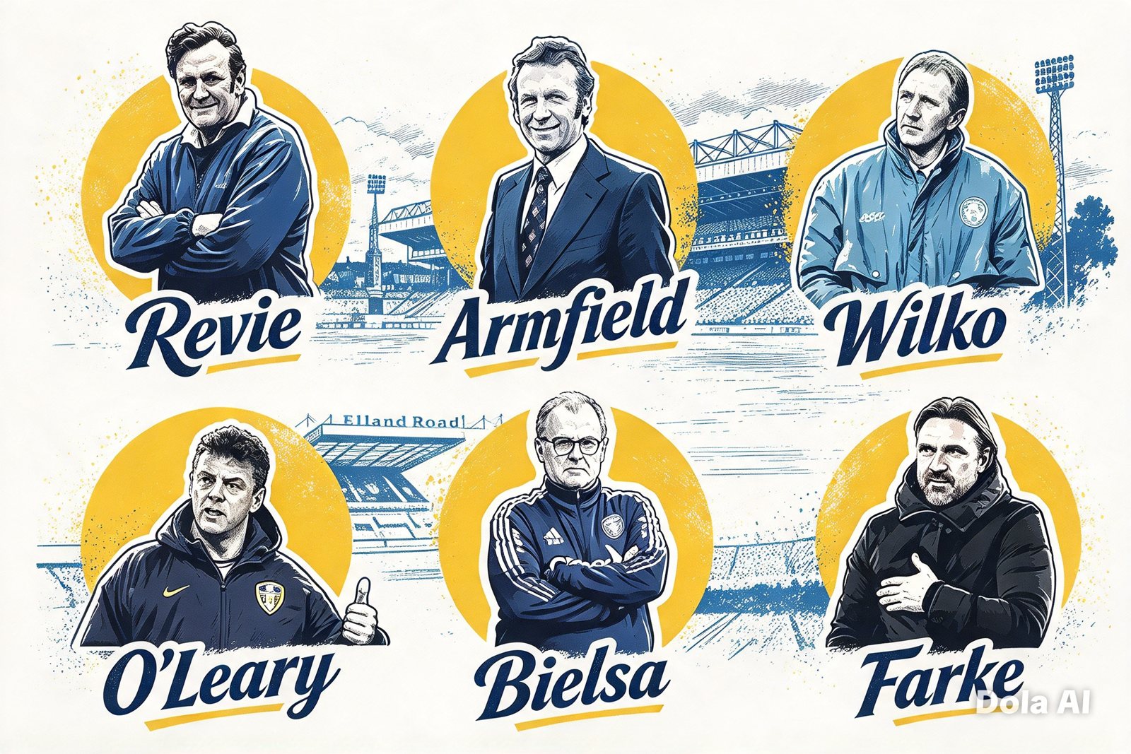 Illustration of Leeds United managers from Don Revie to Daniel Farke