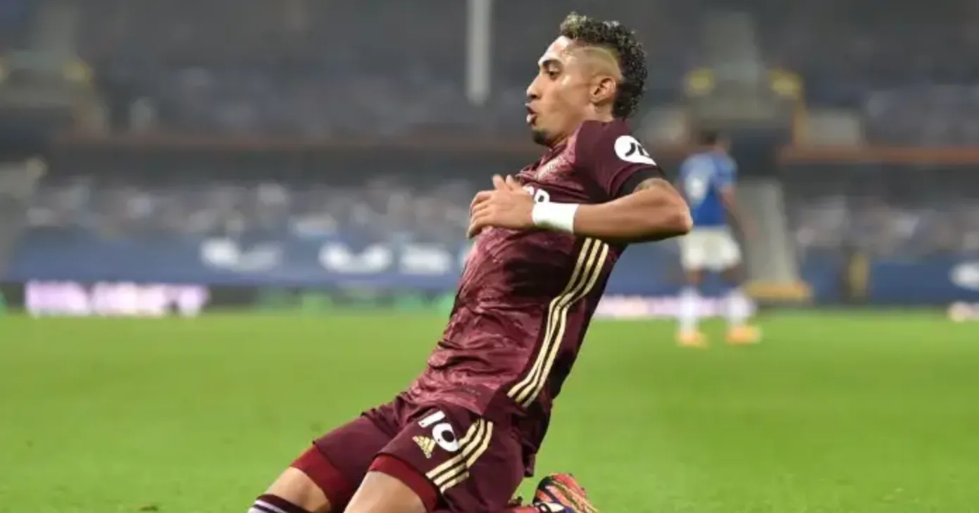 Raphinha celebrates a goal for Leeds United after arriving from Rennes in summer 2020