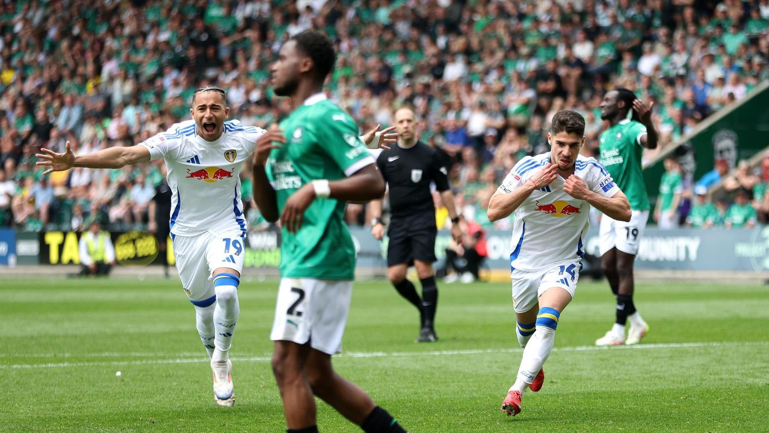 Manor Solomon celebrates his title-winning goal at Plymouth in May 2025