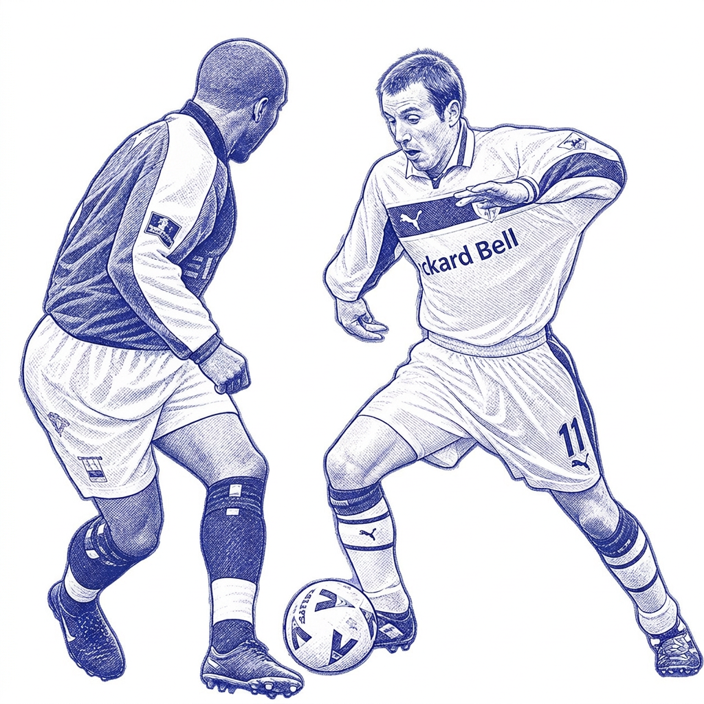Illustration of Lee Bowyer taking on an opponent