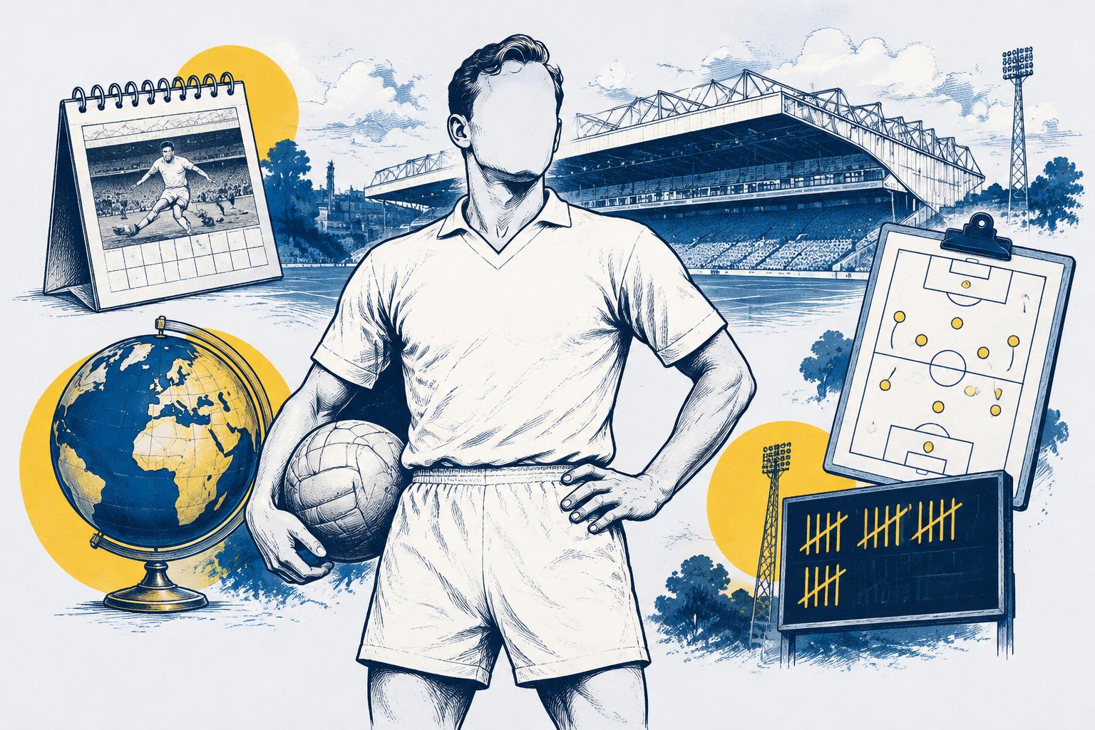 Blue and gold line illustration of an unidentified footballer at Elland Road, surrounded by a calendar, globe, tactics board and appearance tallies